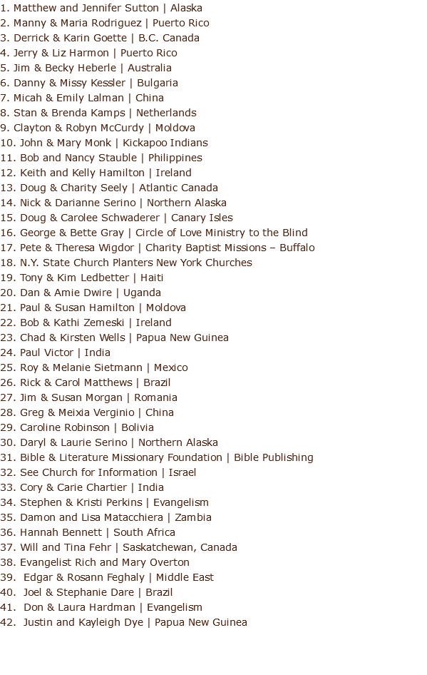 1. Matthew and Jennifer Sutton | Alaska 2. Manny & Maria Rodriguez | Puerto Rico 3. Derrick & Karin Goette | B.C. Canada 4. Jerry & Liz Harmon | Puerto Rico 5. Jim & Becky Heberle | Australia 6. Danny & Missy Kessler | Bulgaria 7. Micah & Emily Lalman | China 8. Stan & Brenda Kamps | Netherlands 9. Clayton & Robyn McCurdy | Moldova 10. John & Mary Monk | Kickapoo Indians 11. Bob and Nancy Stauble | Philippines 12. Keith and Kelly Hamilton | Ireland 13. Doug & Charity Seely | Atlantic Canada 14. Nick & Darianne Serino | Northern Alaska 15. Doug & Carolee Schwaderer | Canary Isles 16. George & Bette Gray | Circle of Love Ministry to the Blind 17. Pete & Theresa Wigdor | Charity Baptist Missions – Buffalo 18. N.Y. State Church Planters New York Churches 19. Tony & Kim Ledbetter | Haiti 20. Dan & Amie Dwire | Uganda 21. Paul & Susan Hamilton | Moldova 22. Bob & Kathi Zemeski | Ireland 23. Chad & Kirsten Wells | Papua New Guinea 24. Paul Victor | India 25. Roy & Melanie Sietmann | Mexico 26. Rick & Carol Matthews | Brazil 27. Jim & Susan Morgan | Romania 28. Greg & Meixia Verginio | China 29. Caroline Robinson | Bolivia 30. Daryl & Laurie Serino | Northern Alaska 31. Bible & Literature Missionary Foundation | Bible Publishing 32. See Church for Information | Israel 33. Cory & Carie Chartier | India 34. Stephen & Kristi Perkins | Evangelism 35. Damon and Lisa Matacchiera | Zambia 36. Hannah Bennett | South Africa 37. Will and Tina Fehr | Saskatchewan, Canada 38. Evangelist Rich and Mary Overton 39. Edgar & Rosann Feghaly | Middle East 40. Joel & Stephanie Dare | Brazil 41. Don & Laura Hardman | Evangelism 42. Justin and Kayleigh Dye | Papua New Guinea 